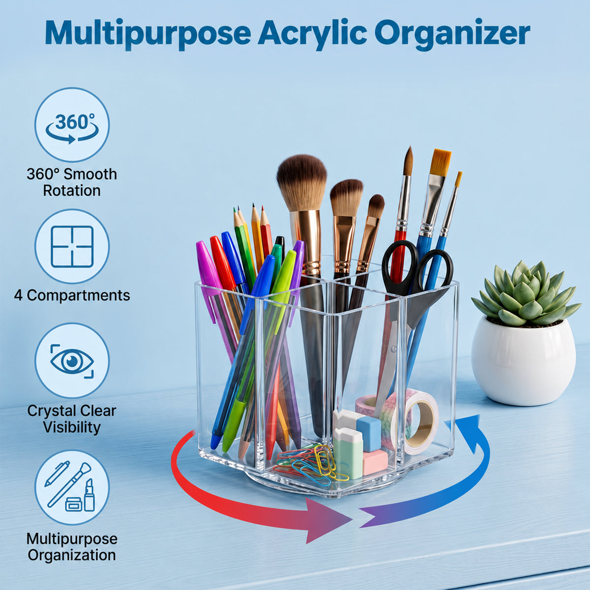 XSAPT Acrylic 4-Compartment Pen Holder, Clear, 1-Piece