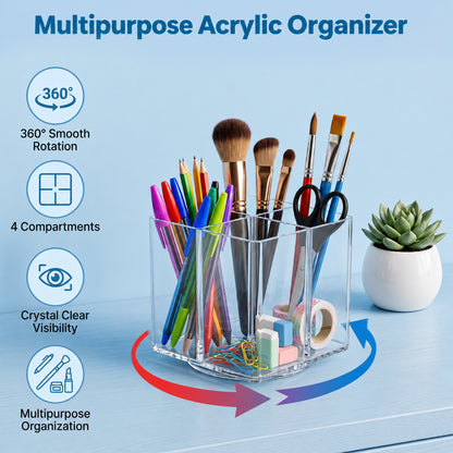 XSAPT Acrylic 4-Compartment Pen Holder, Clear, 1-Piece