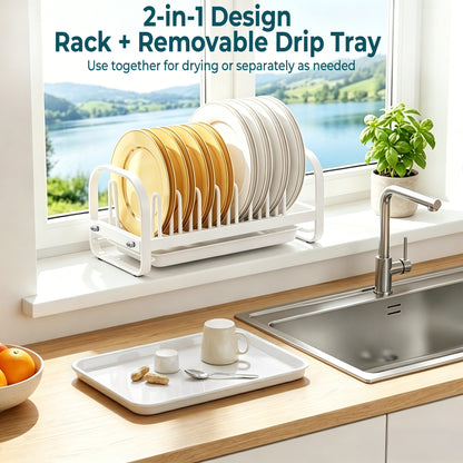 Riousery Dish Drying Rack with Drainboard, Compact Stainless Steel Dish Drainer for Small Kitchen Counter, White
