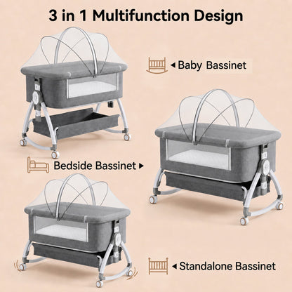 Chastar Bassinet Bedside, Portable Baby Crib with 6 Adjustable Heights and Breathable Mesh Panels, Foldable, Gray