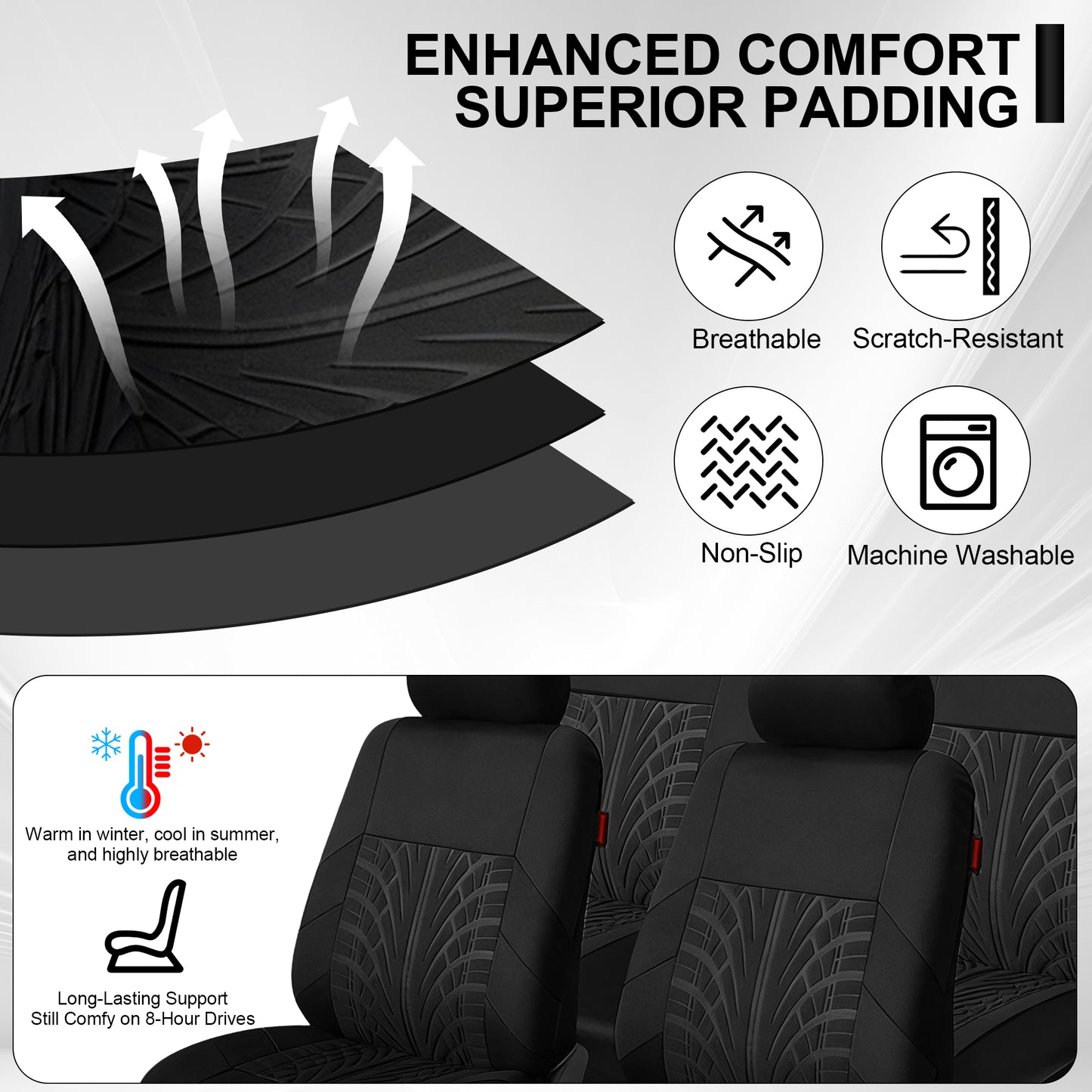 FLORAY 9-Piece Car Seat Covers - Airbag Safe, Thickened, Split Rear, Machine Washable - Universal Fit for Cars, SUVs, Trucks, Black