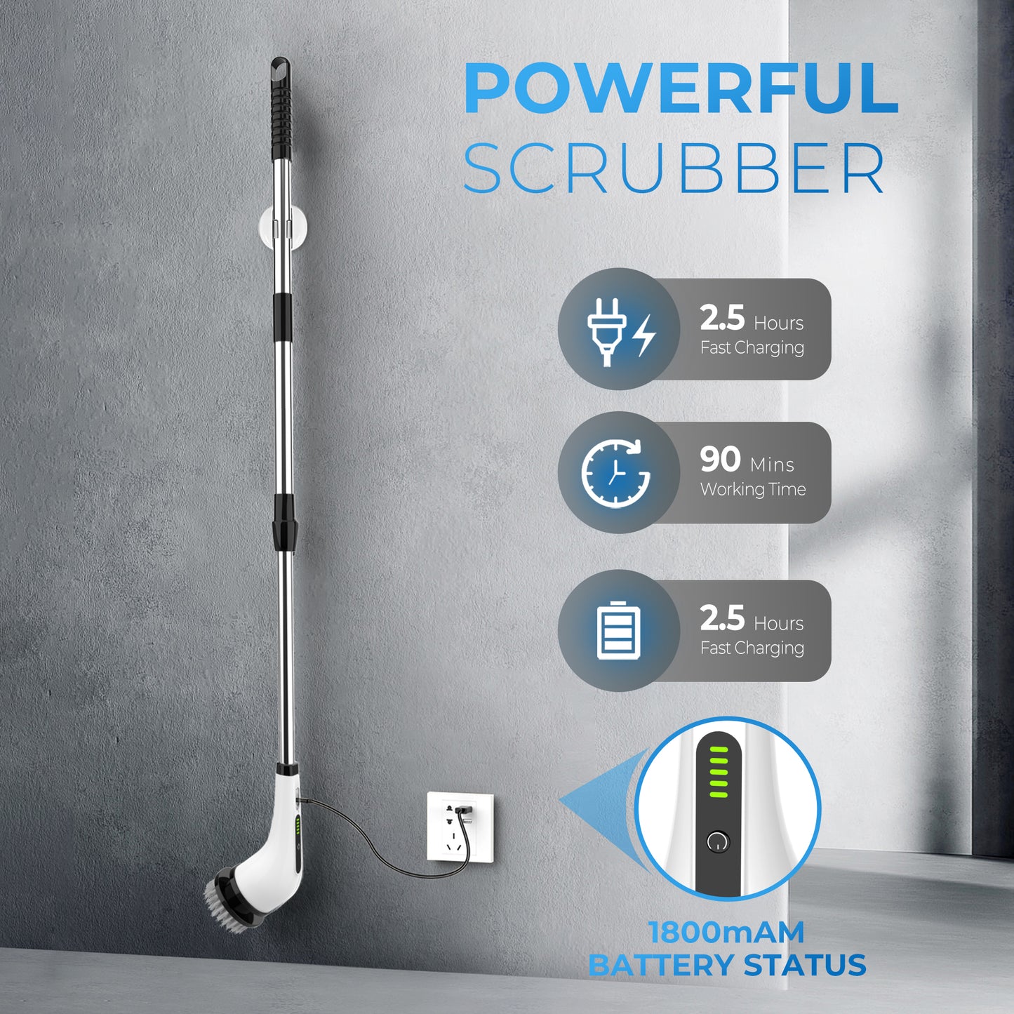 BIMZUC Electric Spin Scrubber, Cordless Cleaning Brush, 7 Replaceable Heads, Extendable Handle, White