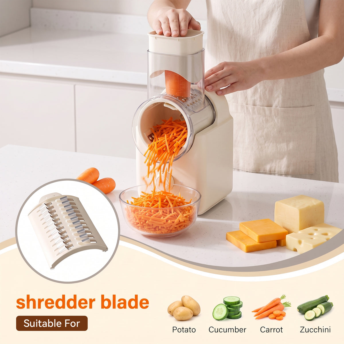 M Buder Electric Cheese Grater, 6 Blades Electric Grater for Home Kitchen, One-Touch Control Electric Cheese Shredder, Mandoline Slicer, Beige