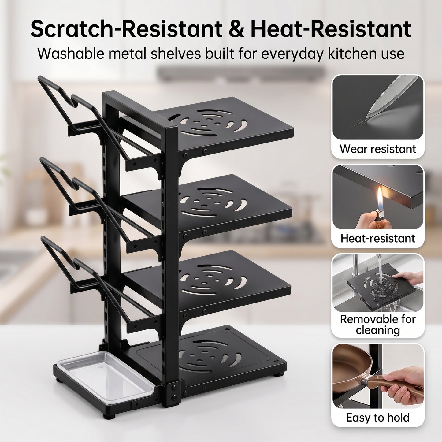 Riousery Pots and Pans Organizer, 7-Tier Adjustable Pan Rack with Lid Holder and Drip Tray, 220Lb Heavy Duty Metal Cookware Organizer for Kitchen Countertop & Cabinet, Black