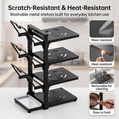 Riousery Pots and Pans Organizer, 7-Tier Adjustable Pan Rack with Lid Holder and Drip Tray, 220Lb Heavy Duty Metal Cookware Organizer for Kitchen Countertop & Cabinet, Black