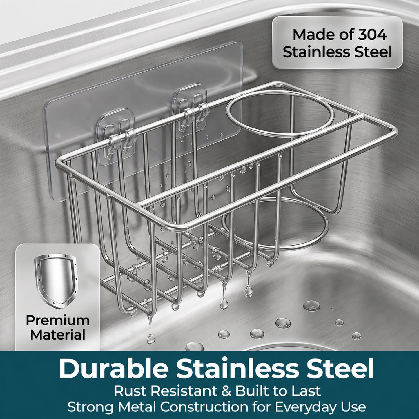 Riousery Compact Kitchen Sink Caddy, Adhesive Sponge Holder, 6.7 x 4.0 x 2.9 in Stainless Steel Mini Sink Organizer with Brush Holder and Dishcloth Bar, Rust Resistant