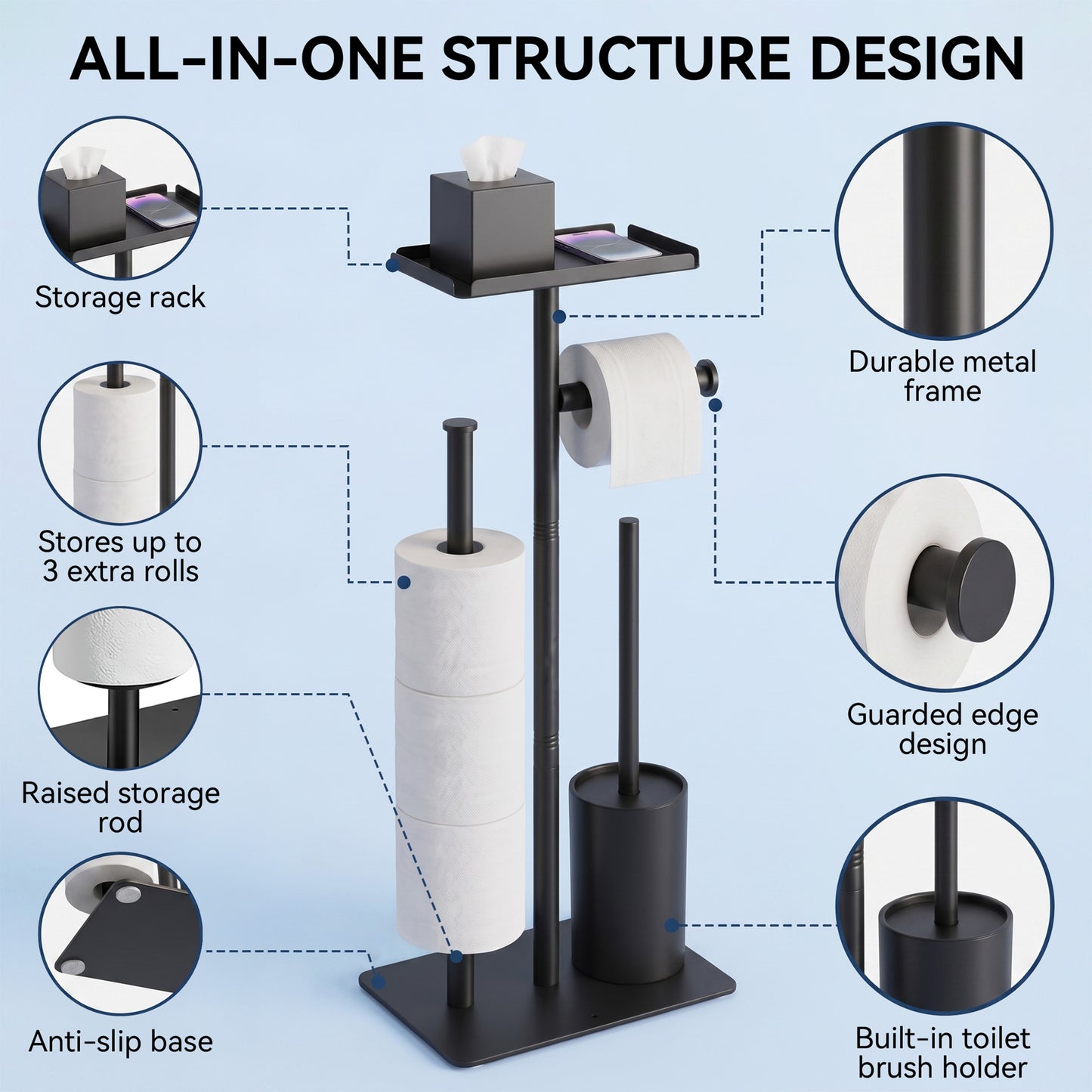 Riousery Toilet Paper Holder Stand with Shelf, Freestanding Bathroom Storage Organizer with Toilet Brush and Caddy Holder, Rustproof Metal, Black