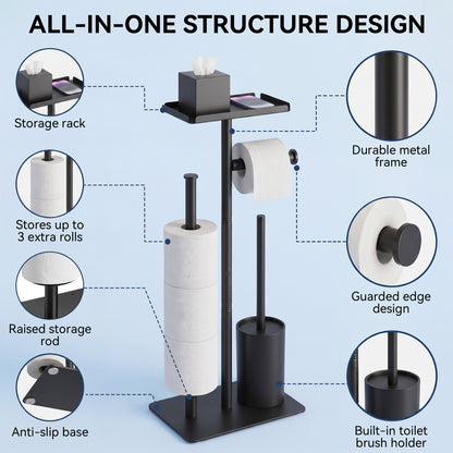 Riousery Toilet Paper Holder Stand with Shelf, Freestanding Bathroom Storage Organizer with Toilet Brush and Caddy Holder, Rustproof Metal, Black