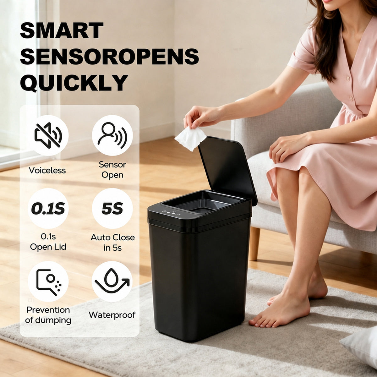 Riousery 2-Pack Touchless Bathroom Trash Can, 3.5-Gallon Slim Automatic Motion Sensor Garbage Can with Lid, Black