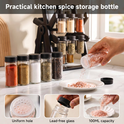 Alylo 360° Revolving Countertop Seasoning Holder and Cabinet Spice Rack Organizer, 18 Glass Jars, Black
