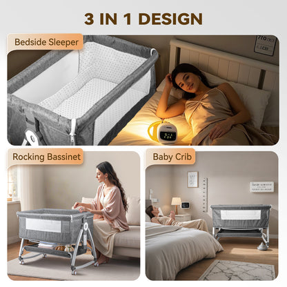 Rupoun Bassinet, Bedside Sleeper, Foldable Baby Crib with 6 Adjustable Heights and Mesh Panels, for Infant Newborn Child, Gray
