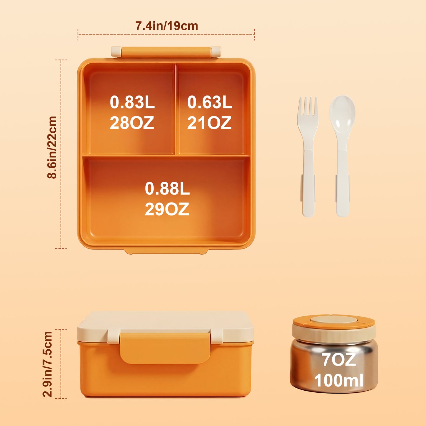 M Buder 1700ML Bento Box for Kids, Leak-Proof Lunch Box with 3 or 4 Compartments, 350 ml Insulated Food Jar, Fork, Spoon, Orange