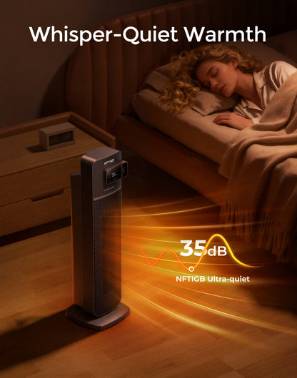 NFTIGB 24 inch PTC Ceramic Tower Heater for Home with Tip-Over Switch, Digital Display, Thermostat, Wide Oscillation, Remote, Timer, Gray