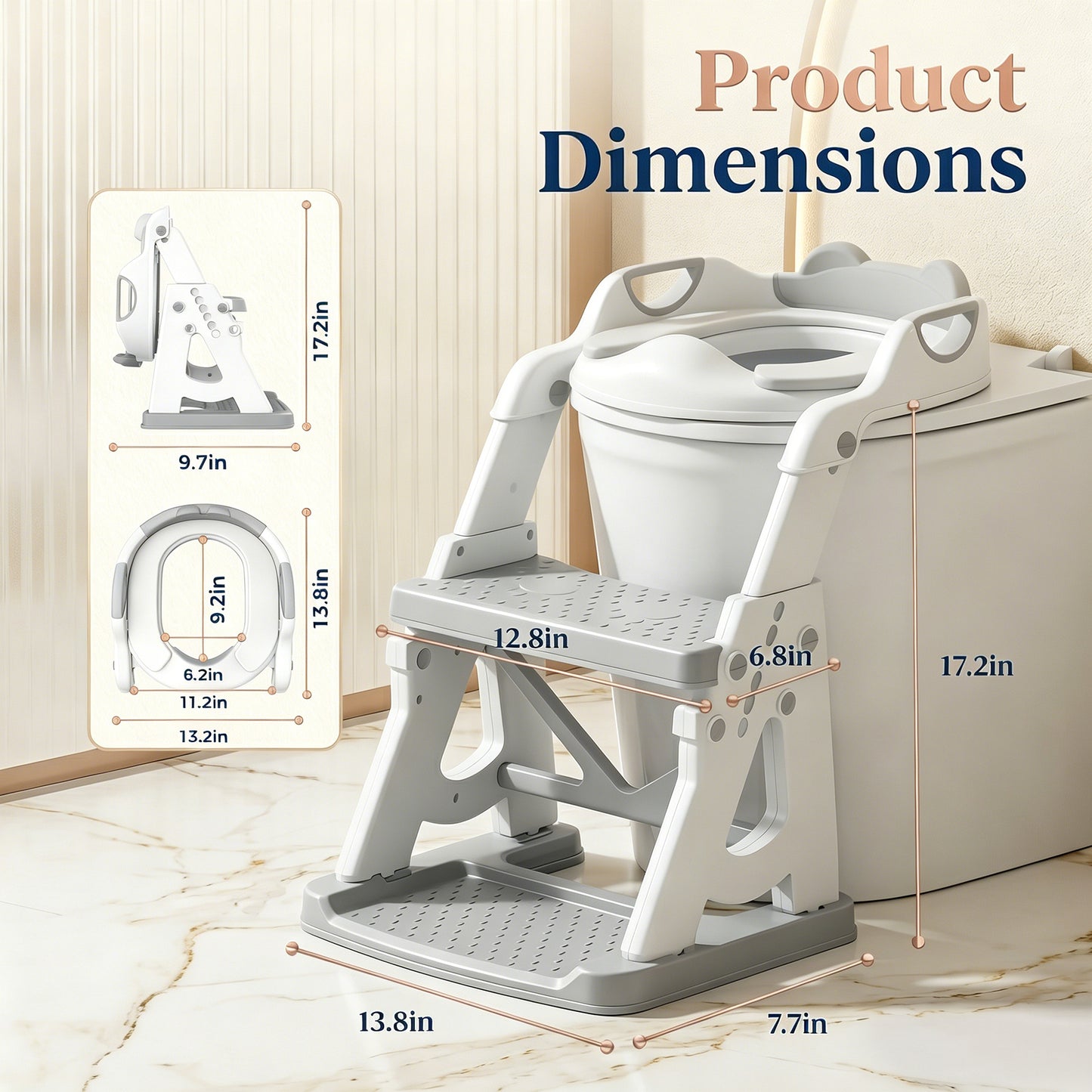 QRNYYOE Adjustable Potty Training Seat with Step Stool, Toddler Toilet Seat with Anti-Slip Step Ladder, Splash Guard for Boys & Girls, Space-Saving Foldable Design, Gray