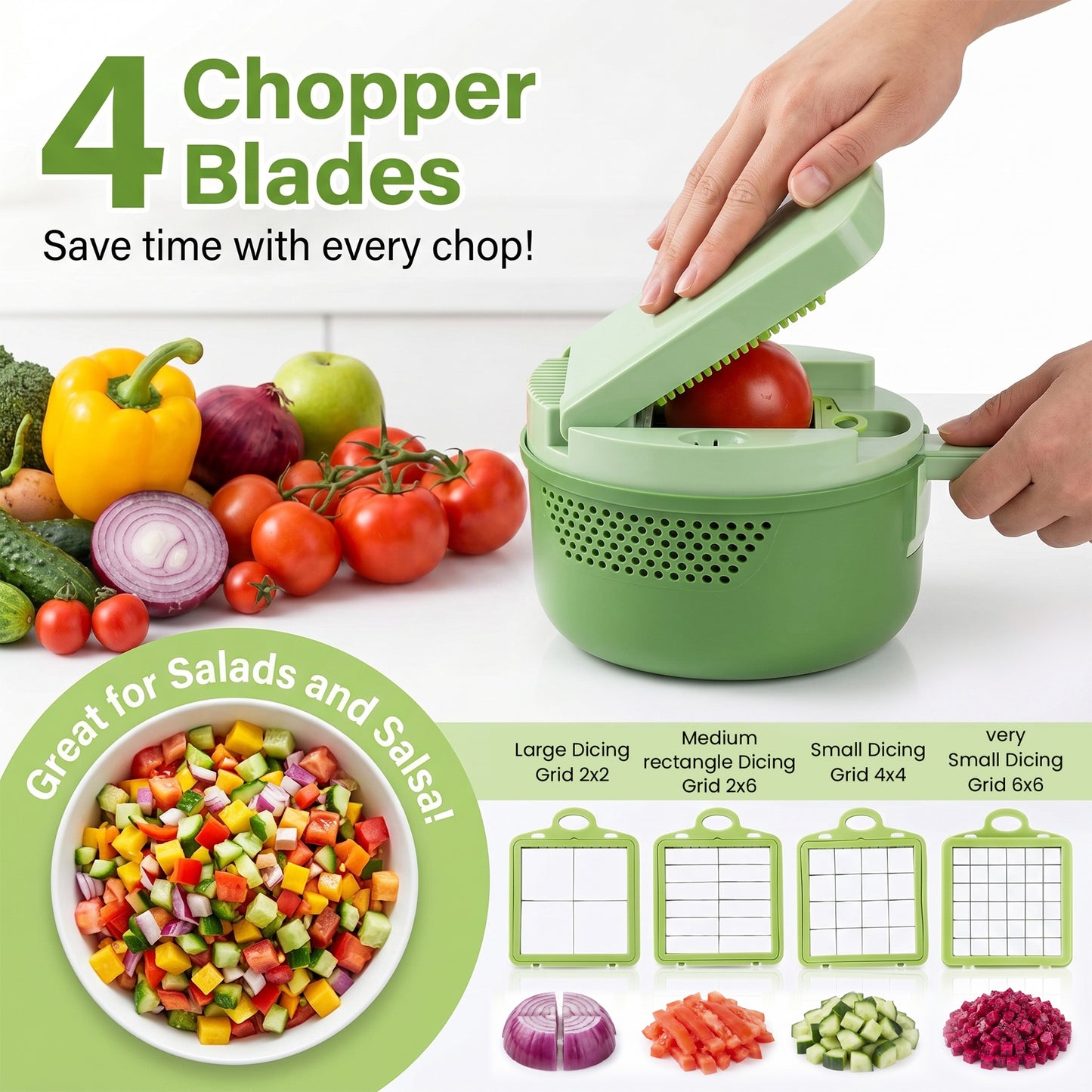 M Buder 15pcs Vegetable Chopper, Food Chopper with 8 Blades, Container, Vegetable Dicer Slicer for Onion, Veggie, Cheese, Green