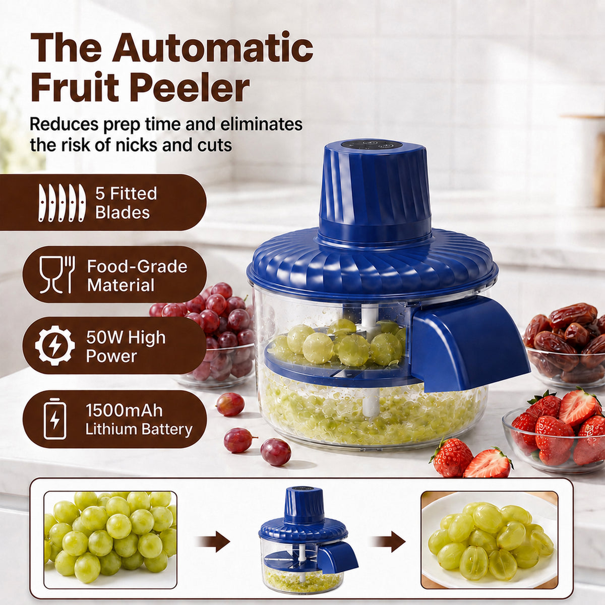 MUSPLUTO Automatic Grape Peeler Machine, USB Rechargeable Electric Fruit Peeler for Garlic, Cherry Tomato, Ginger and Small Potato, 9.45 x 7.48 x 7.48in, Blue