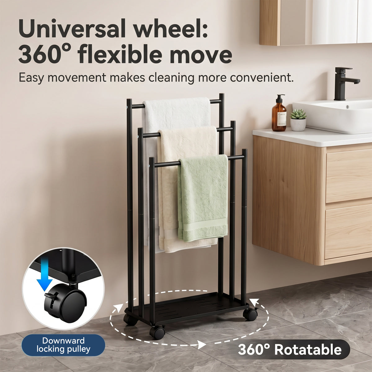 LZSDS 3-Tier Freestanding Rolling Towel Rack with Storage Shelf, Black