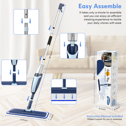 BIMZUC Spray Mop for Floor Cleaning Wet, with 14 oz Refillable Bottle and 3 Washable Microfiber Pads Home or Commercial Use, Blue