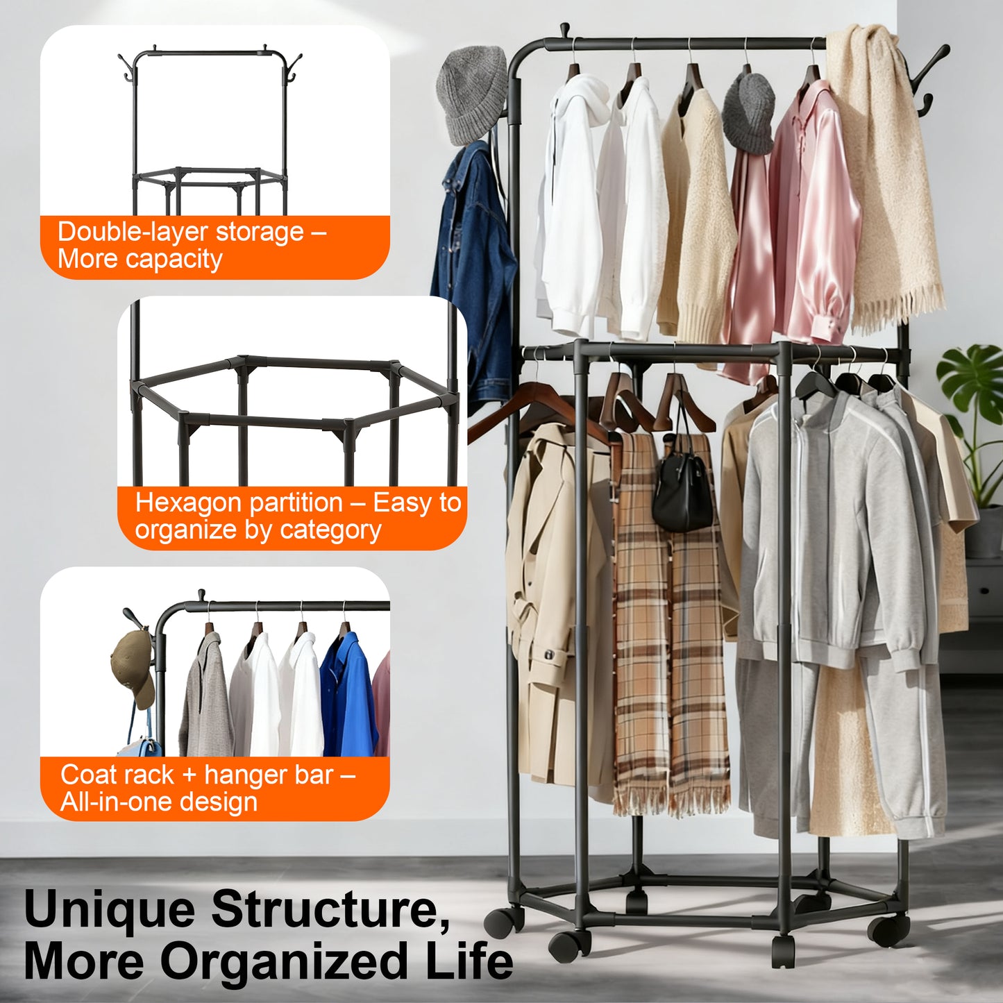 WEENEED Rolling Garment Rack with Wheels, Double-Layer Rotating Clothes & Coat Organizer with Hat Hooks, Multi-Functional Clothing Storage for Bedroom or Closet