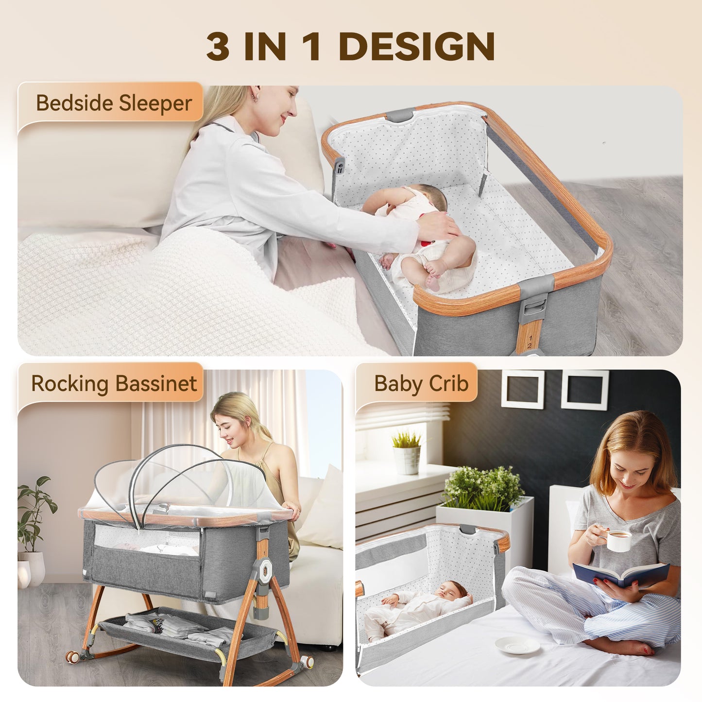 RUPOUN Bassinet Bedside Sleeper, Portable Baby Crib with 6 Adjustable Heights and Breathable Mesh Panels, Foldable, Gray