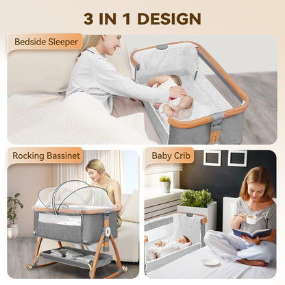 RUPOUN Bassinet Bedside Sleeper, Portable Baby Crib with 6 Adjustable Heights and Breathable Mesh Panels, Foldable, Gray