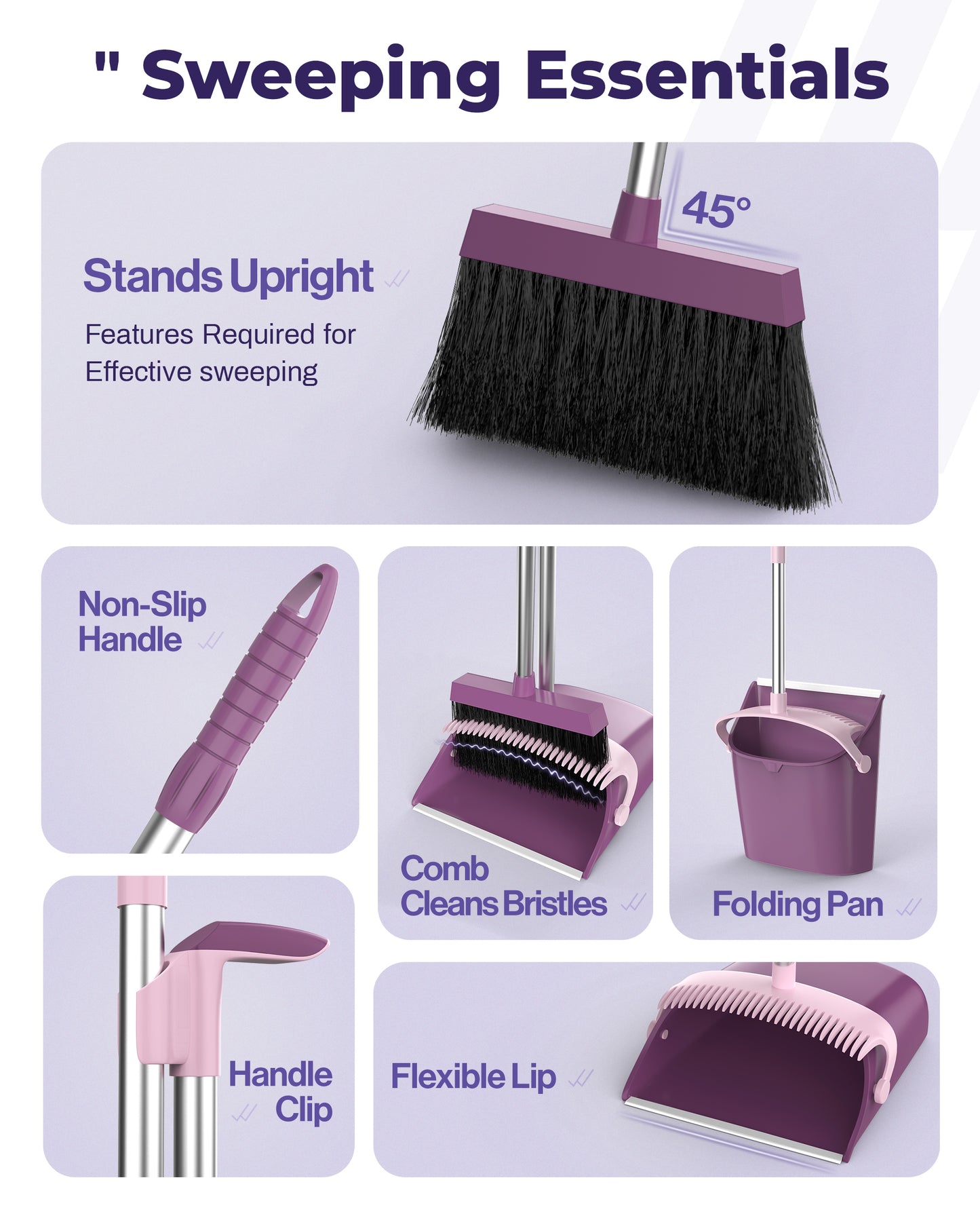 BIMZUC Broom and Dustpan Set for Home, 51" Long Handle Dustpan & Broom W/Comb, Purple Cleaning Kit