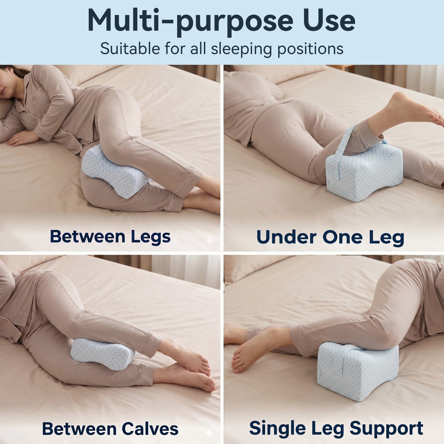 Alylo Memory Foam Knee Pillow for Side Sleepers, Ergonomic Leg Cushion with Adjustable Strap for Hip & Back Support, White