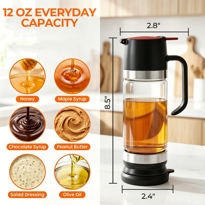 Riousery Honey Dispenser No Drip, 12oz Glass Syrup Dispenser with Press Lid, Leakproof Honey Jar with Silicone Seal, One-Hand Use for Honey, Oil, Sauces