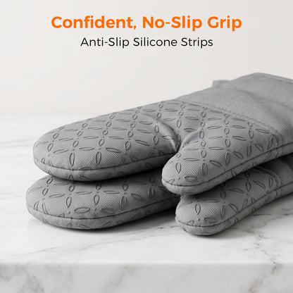 M Buder Oven Mitts Set, 4 Pcs 392°F Heat Resistant Pot Holders and Oven Mitts, Extra Long Thick Cotton Kitchen Oven Gloves for Cooking, Baking, BBQ, Gray