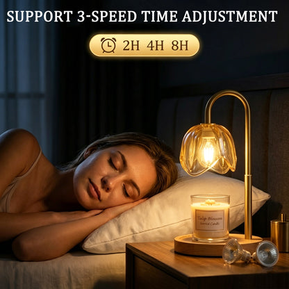 AOLIGO Electric Candle Warmer Lamp with Timer Adjustable Height Dimmable Flower Glass Wax Melting Light Wooden Base for Small Jars, Yellow