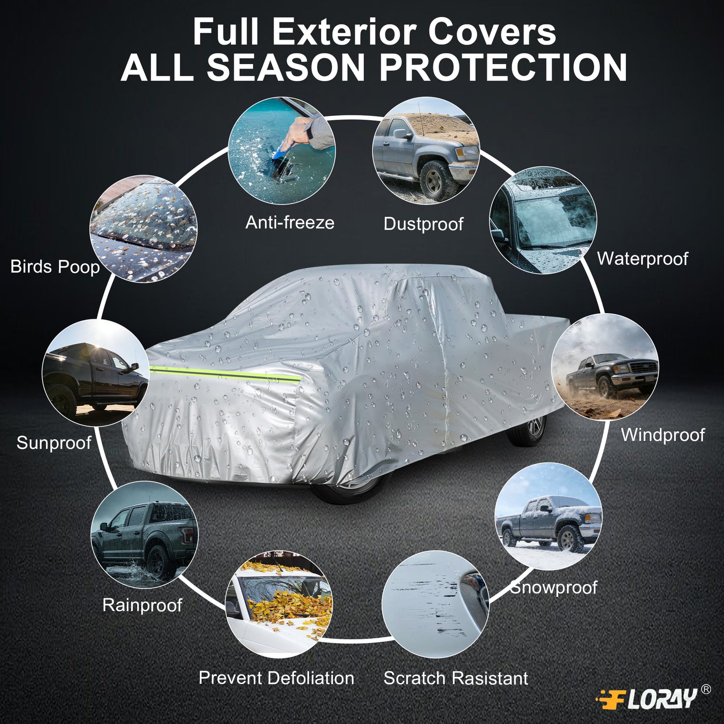 Floray Waterproof All-Weather Truck Cover with Zipper Door – Heavy-Duty Windproof Protection for Full-Size Pickup Trucks, UV and Snow Guard (PK-XL, 248" x 59" x 69")