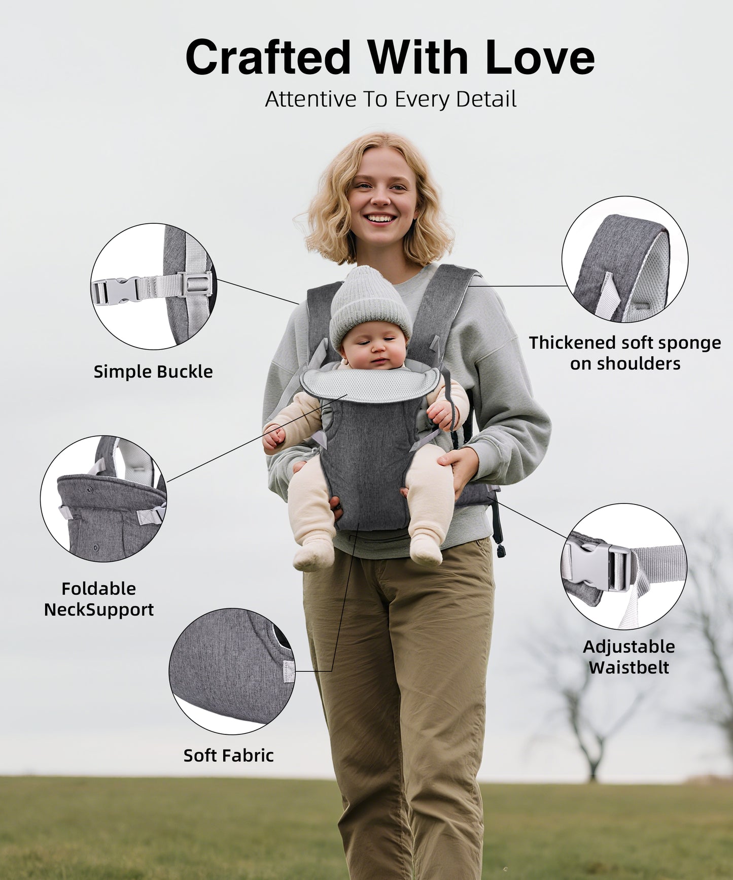 RUPOUN Baby Carrier, Convertible Soft & Cool Baby Carrier, 4-Position, Gray, for Child, Infant, Newborn