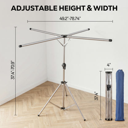 Riousery Tripod Clothes Drying Rack, 4-Arm Foldable Laundry Drying Stand with 71" Adjustable Height & 79" Extra-Wide Drying Space, Stainless Steel Portable Rack with Windproof Hanger Hooks