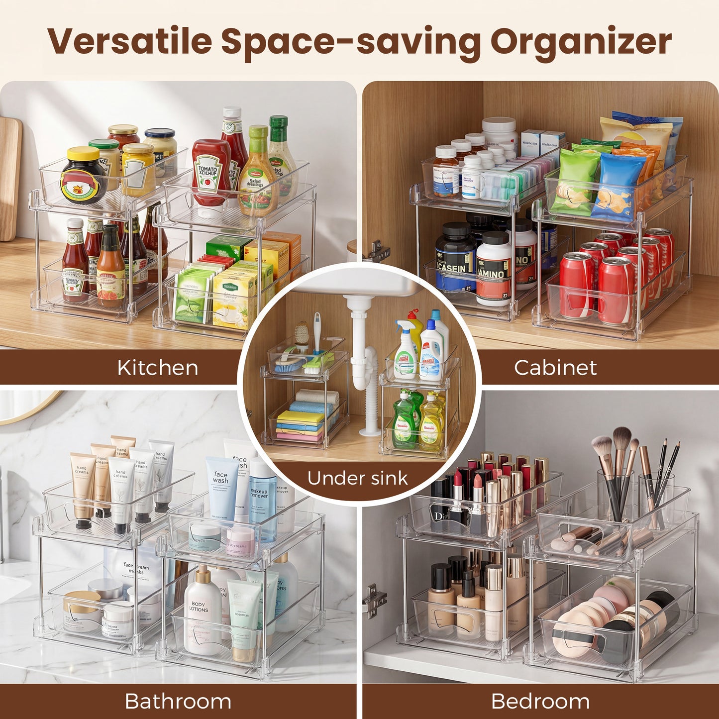 Riousery 2-Tier Clear Under Sink Organizer, 2-Pack Pull-Out Cabinet Storage, Stackable Design for Kitchen and Bathroom