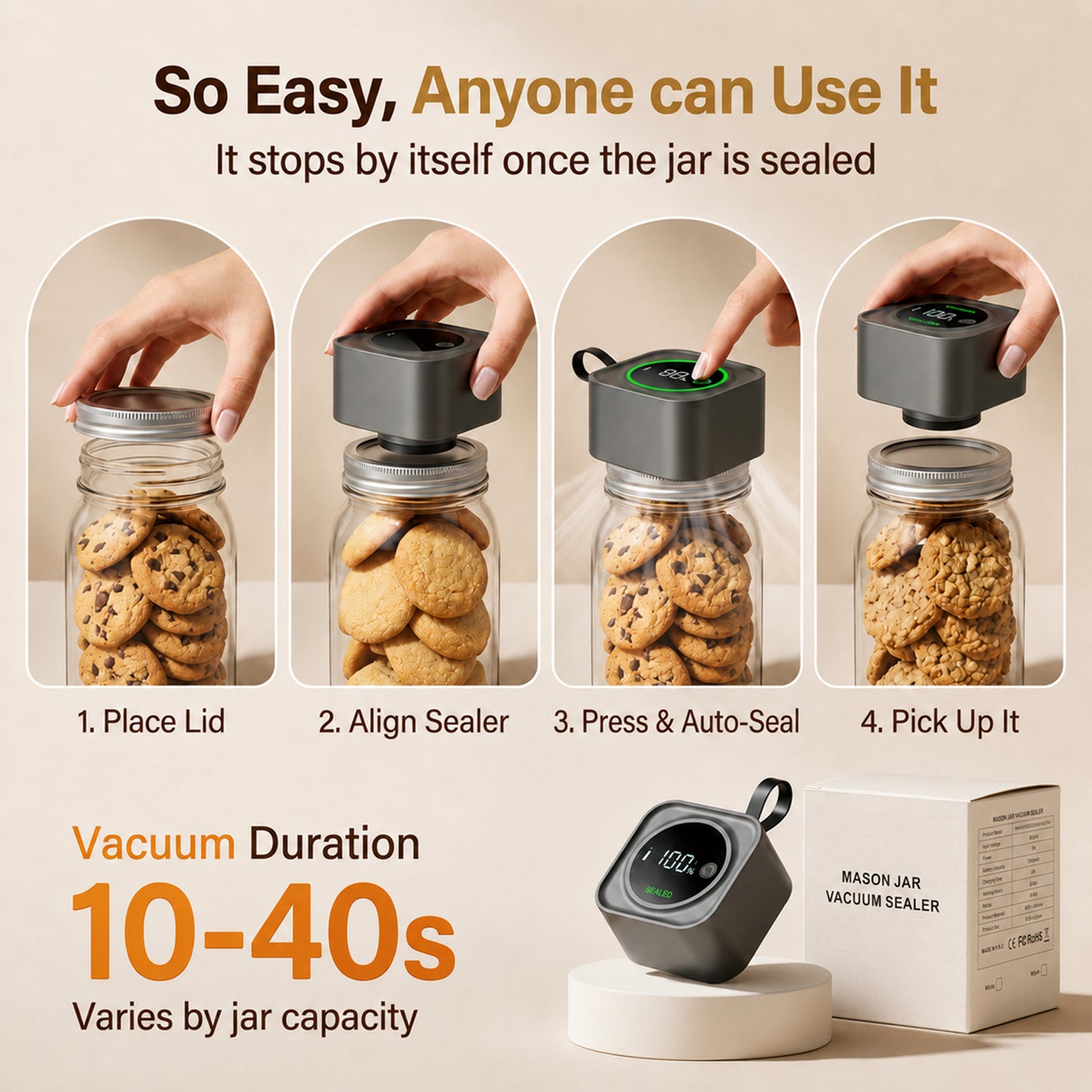 M Buder Electric Mason Jar Vacuum Sealer, Electric Mason Jar Vacuum Sealer Kit for Food Storage, Jar Sealer Machine with 10PCS Wide & Regular Mouth Mason Lids, 2PCS Storage Bags