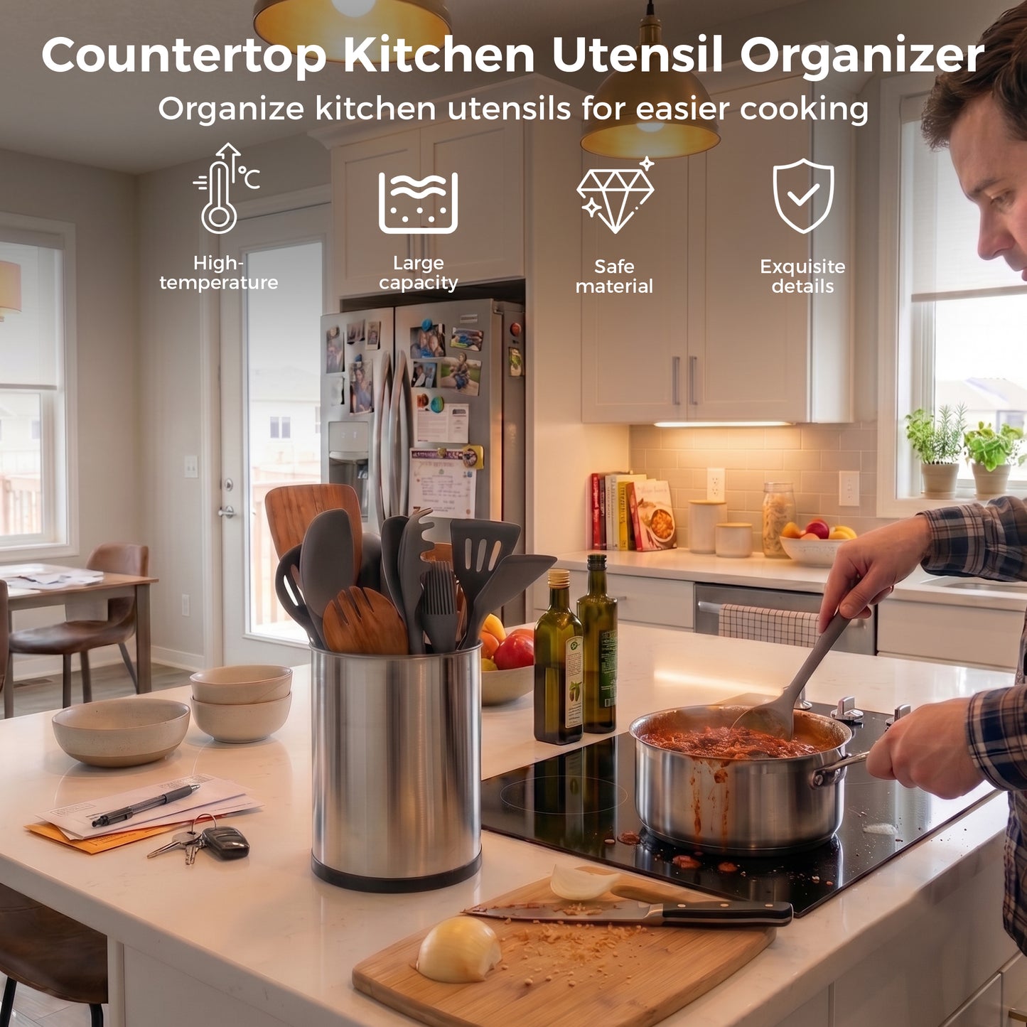 Alylo Kitchen Utensil Holder - 360° Rotating Stainless Steel Extra Large 3-Compartment Flatware Caddy, Silver
