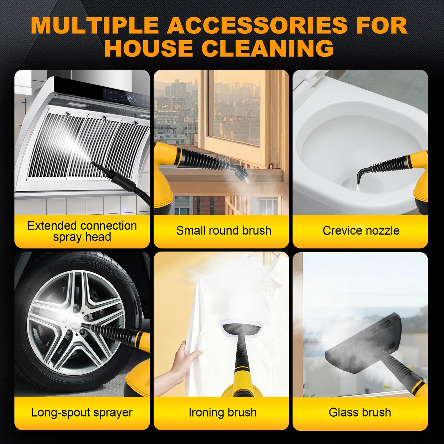 BIMZUC Handheld Steam Cleaner, 2500W Multi-Surface Cleaner with 10 Accessories, Compact Design, Yellow