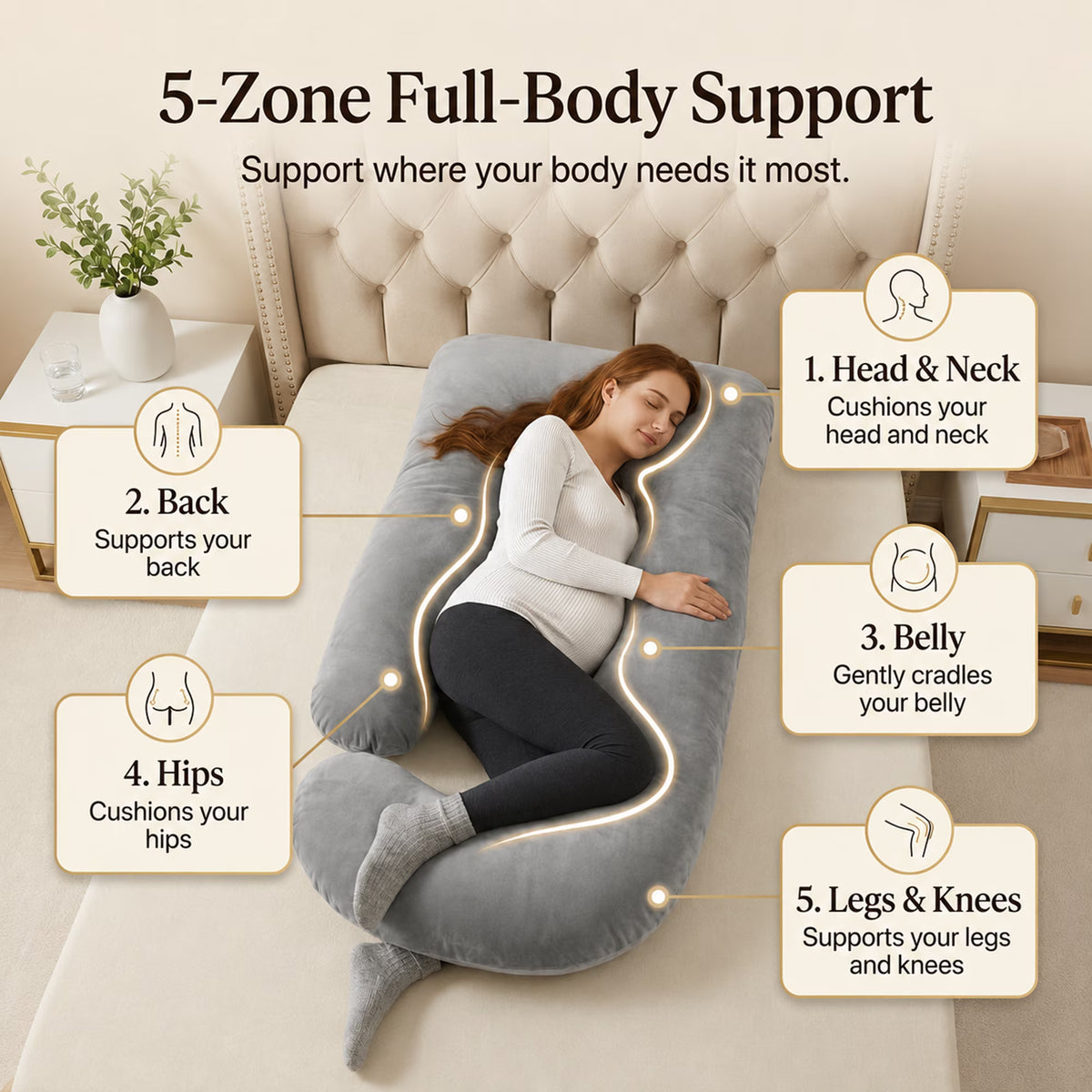 Pregnancy Pillow U Shaped Full Body Soft Maternity Pillow with Removable Velvet Cover, 70 Inch, Gray