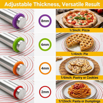 M Buder Stainless Steel Rolling Pin, Adjustable Metal Rolling Pin with Thickness Rings & Pastry Baking Mat for Baking, Dough Roller for Baking Pizza Dough Pie Cookie