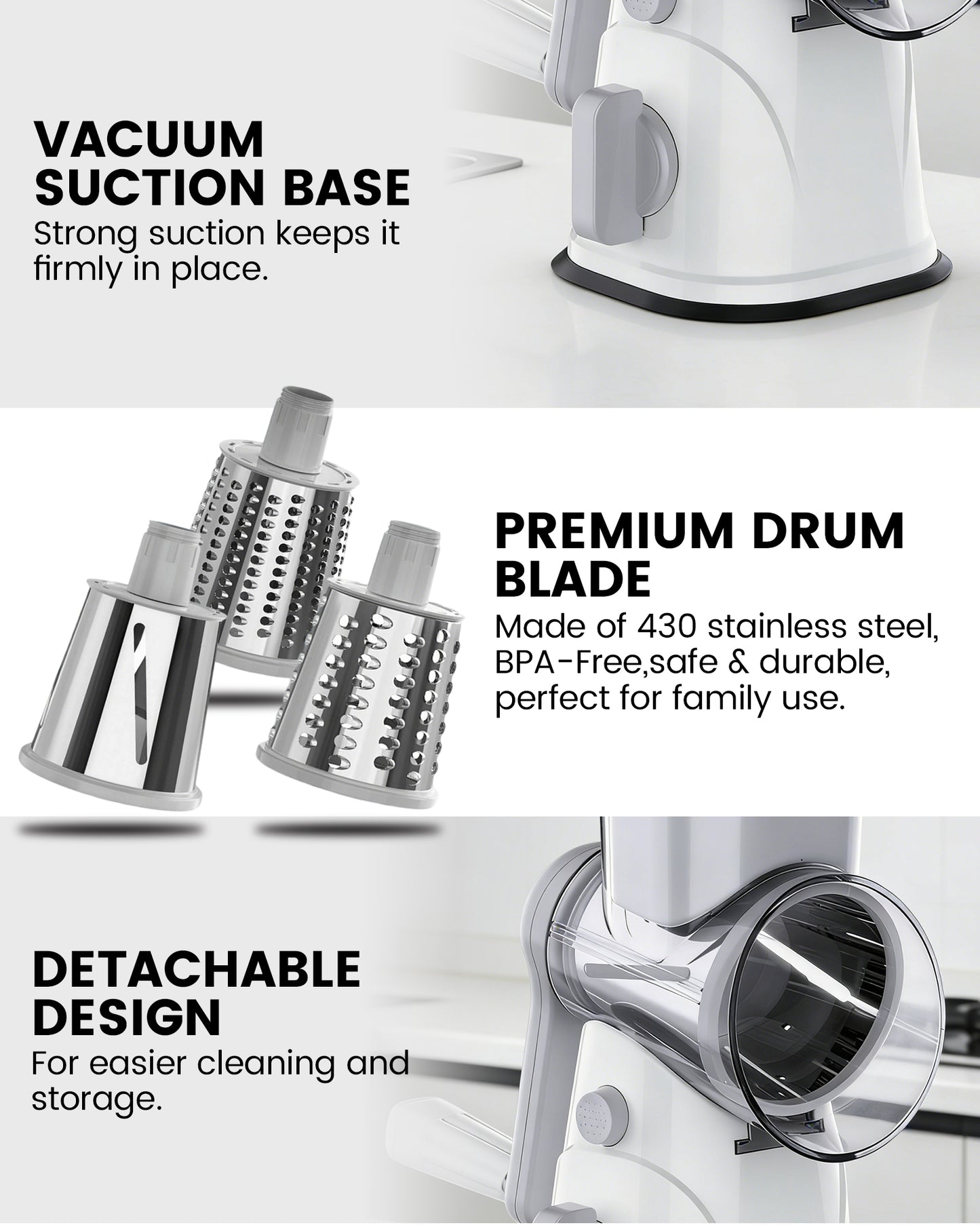 M Buder Rotary Cheese Grater with 3 Interchangeable Blades, Hand Crank Cheese Shredder Vegetable Chopper , Mandoline Slicer, Suction Base, White