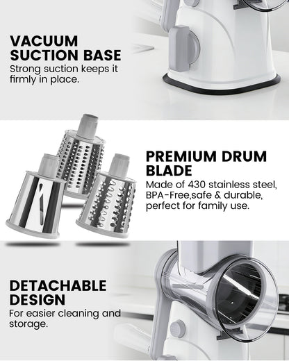 M Buder Rotary Cheese Grater with 3 Interchangeable Blades, Hand Crank Cheese Shredder Vegetable Chopper , Mandoline Slicer, Suction Base, White