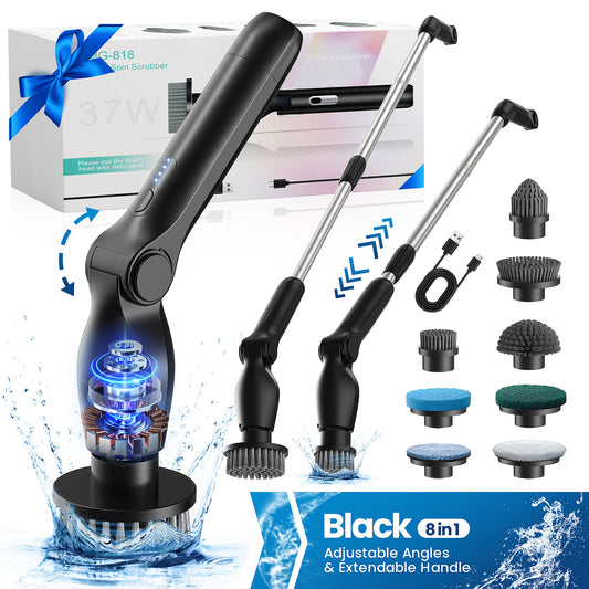 BIMZUC Electric Spin Scrubber, Cordless Cleaning Brush,8 Replaceable Heads, 4 Adjustable Angles, Extendable Handle, Black