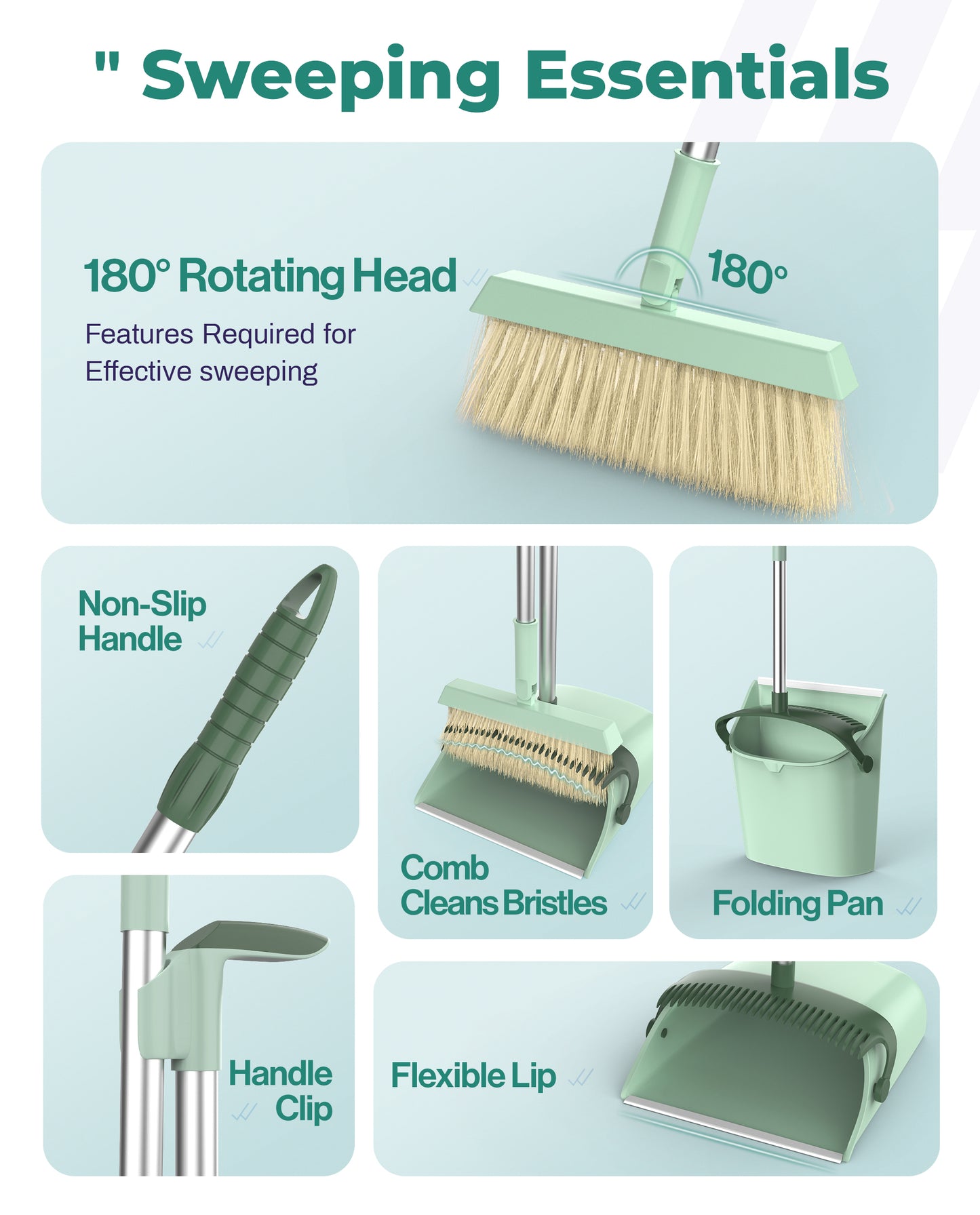 BIMZUC Broom and Dustpan Set for Home, Dustpan & Broom W/Comb, 51" Long Handle, Cyan Cleaning Tools