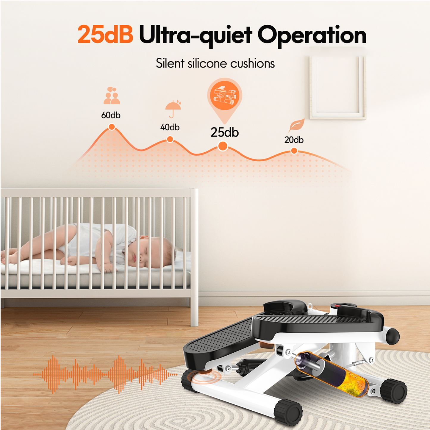 Opmukin Mini Steppers for Exercise, Mute The Sound with Resistance Bands, 331lbs Loading Capacity, Digital Monitor, Optional Twist Motion for Home Fitness - White