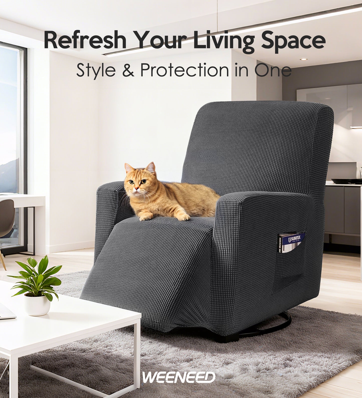 WEENEED Recliner Chair Cover, Stretch Polyester One-Piece Slipcover with Side Pocket, Universal Fit Sofa Protector for Pets and Home Décor, Dark Gray
