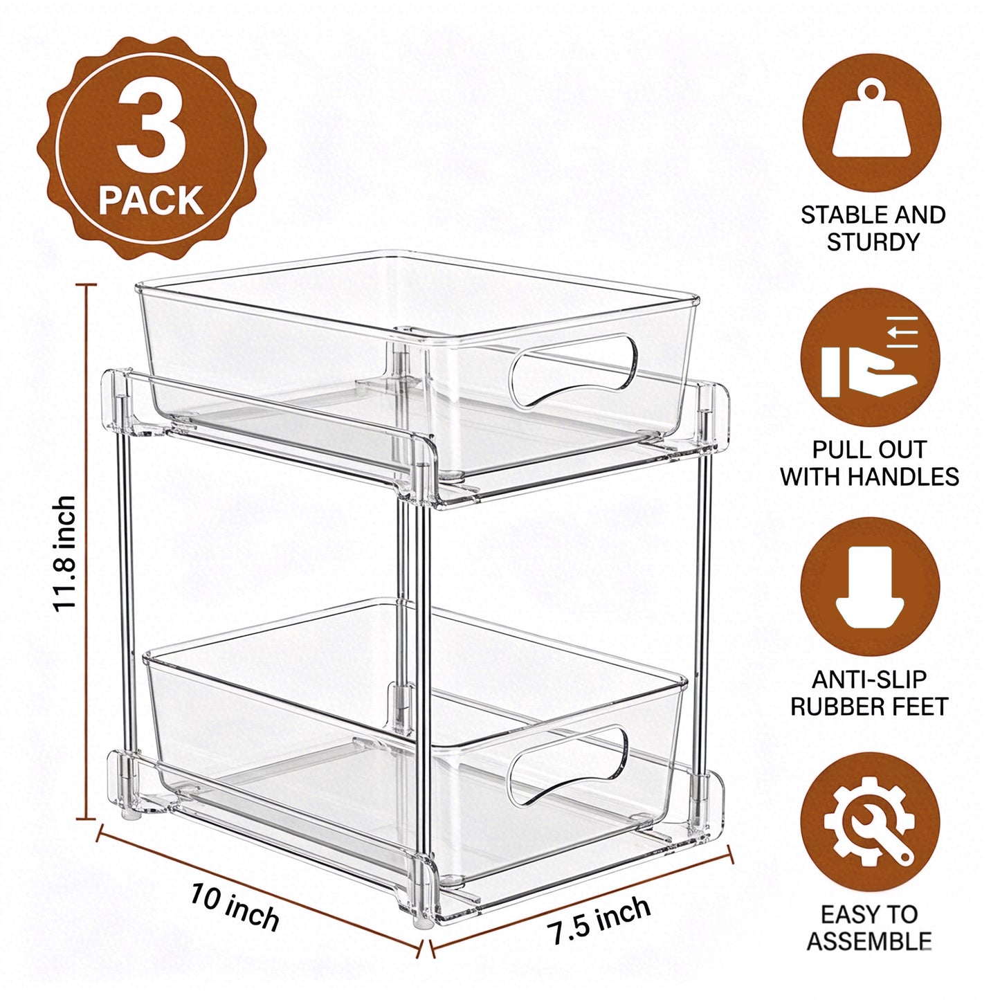 Riousery 2-Tier Clear Under Sink Organizer, 3-Pack Pull-Out Cabinet Storage, Stackable Design for Kitchen and Bathroom