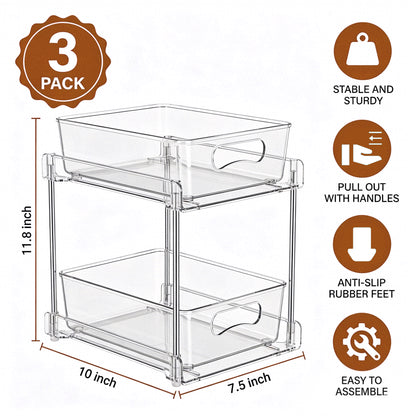 Riousery 2-Tier Clear Under Sink Organizer, 3-Pack Pull-Out Cabinet Storage, Stackable Design for Kitchen and Bathroom