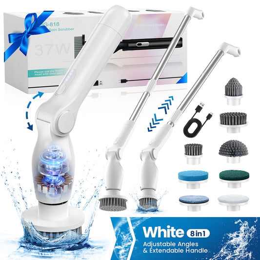 BIMZUC Electric Spin Scrubber, Cordless Cleaning Brush,8 Replaceable Heads, 4 Adjustable Angles, Remote Switch, White