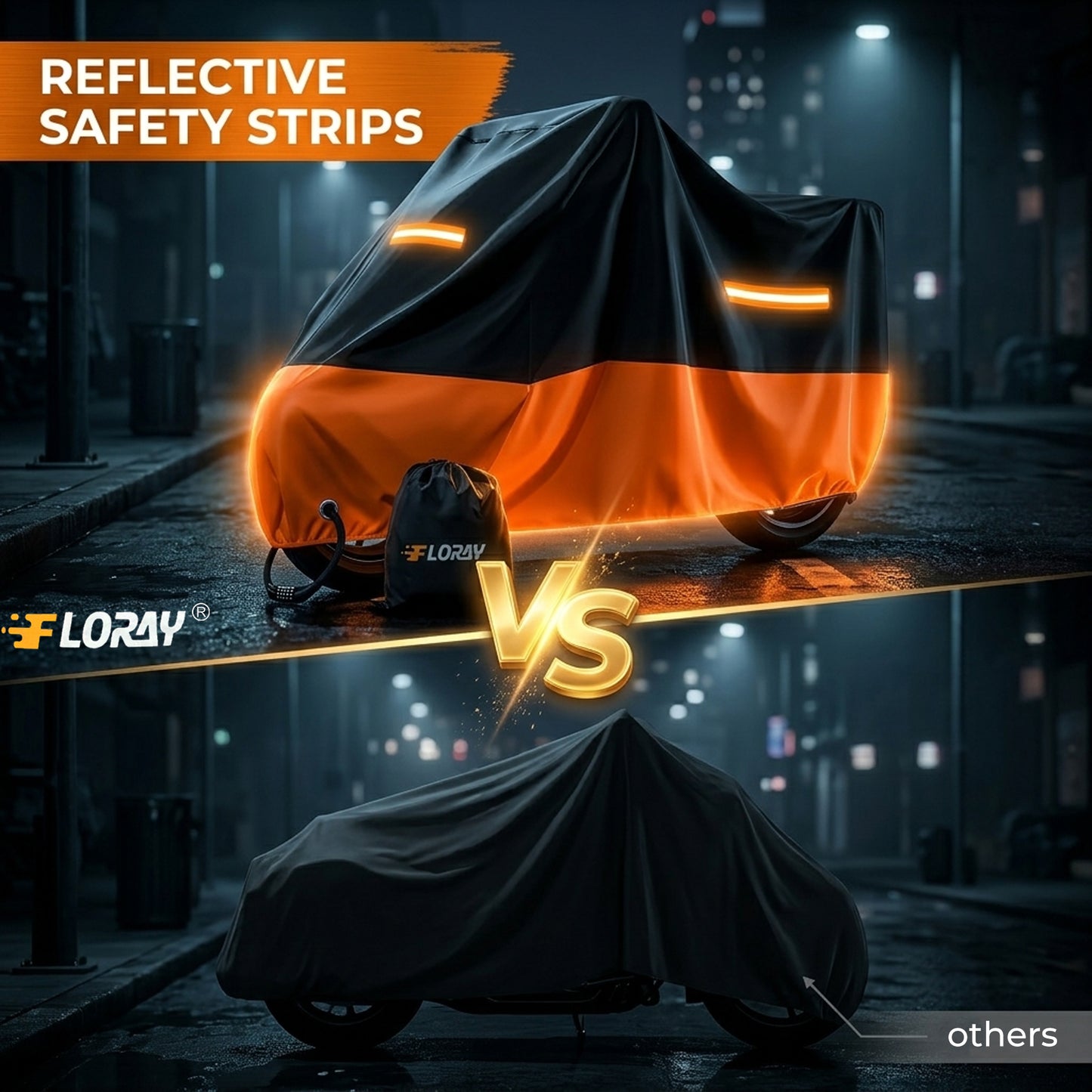 FLORAY Lightweight All-Season Motorcycle Cover, Waterproof Outdoor Protection with Reflective Strips and Windproof Buckles, 2XL, Orange