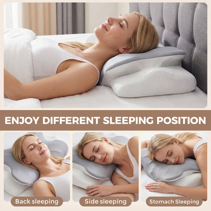 Riousery Ergonomic Cervical Pillow, Dual-Height Contoured Neck Support Pillow with Spine Alignment Bumps, Orthopedic Design for Back and Side Sleepers, White